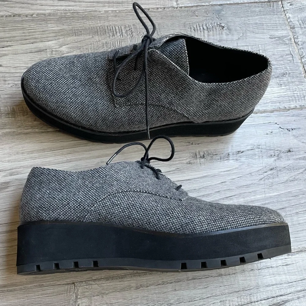 Eileen Fisher Eddy Tweed Platform Oxford Shoe Gray/Black Eclectic Grandpa SZ 10